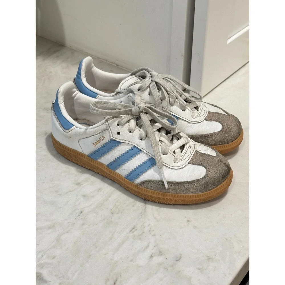 Adidas Samba Sneakers Kids Size 11.5K White Blue Leather Gum Sole Athletic Retro